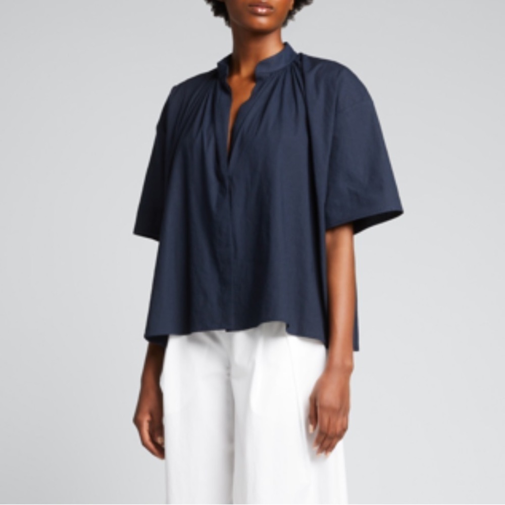 Vince Short Sleeve Shirred Band Collar Blouse Small